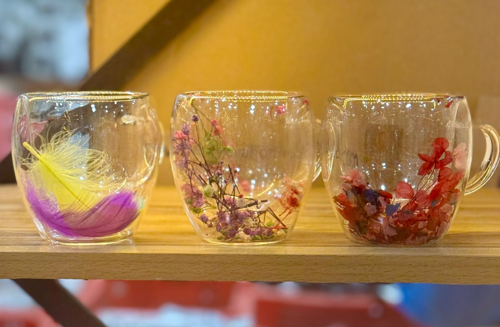Dry Flowers Double Wall Glass Cup, Transparent Espresso Glass Cup, Double Wall Glass Cup With Handle Dry Flowers Double Wall Glass Cup, Transparent Espresso Glass Cup, Double Wall Glass Cup With Handle